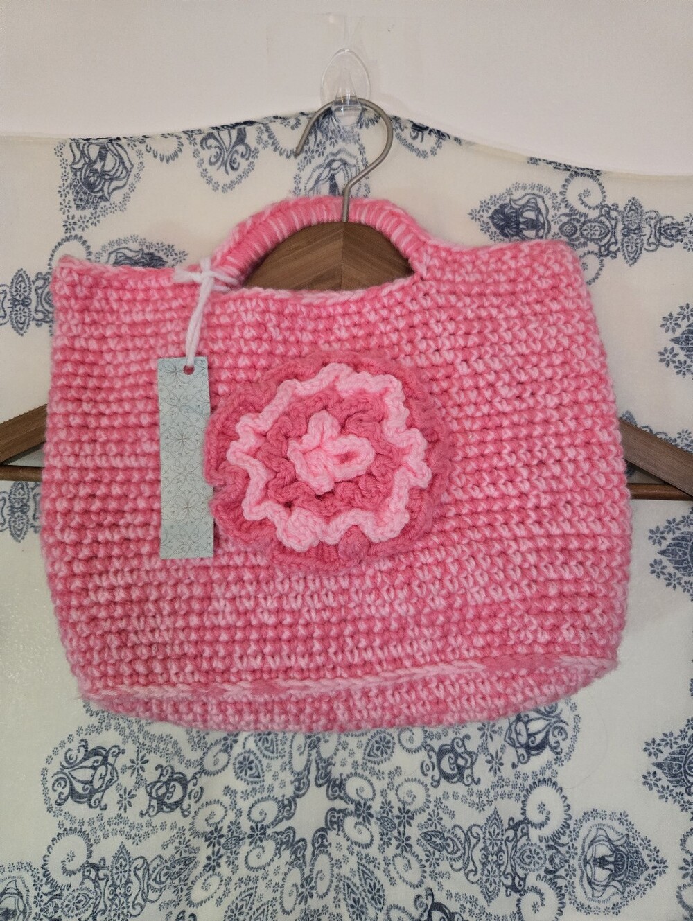 Pink Crochet Flower Tote Bag Boho Cottagecore Y2K Coquette Craftcore Grandmacore